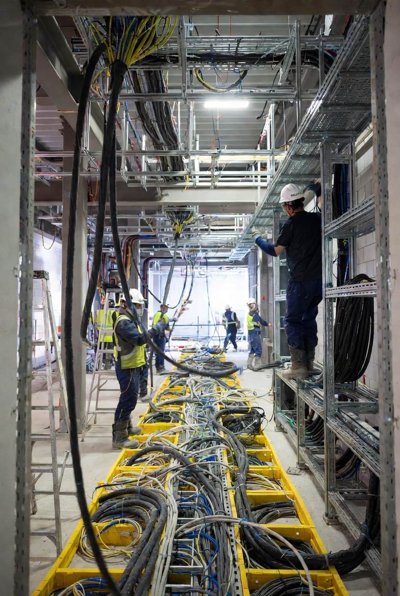 MEP operatives pulling containment cable on a live data-centre build