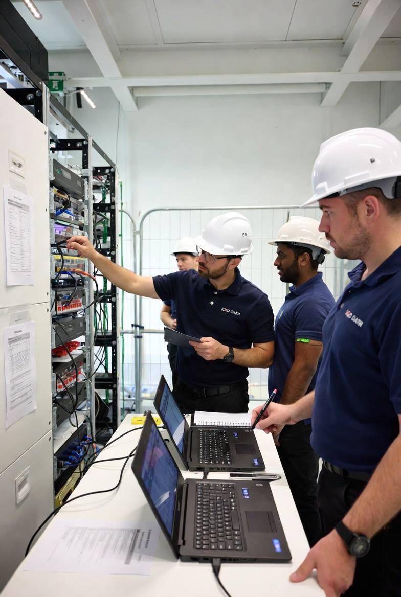 Commissioning engineers verifying electrical distribution on site